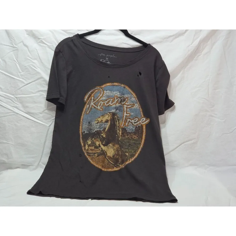 Free People We The Free Roam Free Distressed Horse Graphic Tee Charcoal Black M
